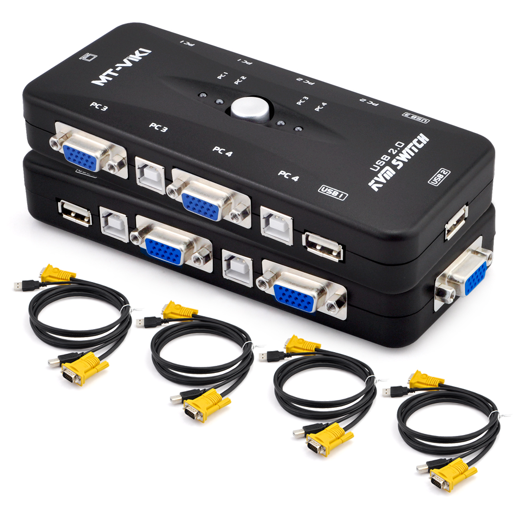 4 Port USB VGA KVM Switch Box+Cables for Computer Sharing Monito